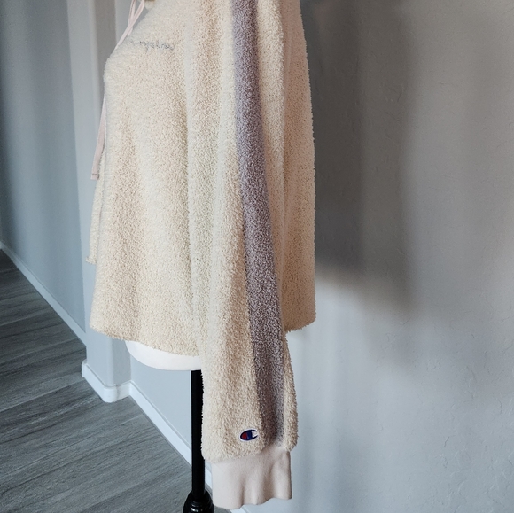 Champion Cream Teddy Fleece Semi Cropped Hoodie Sweater Long Sleeve Stripe Sz XL - Picture 6 of 12